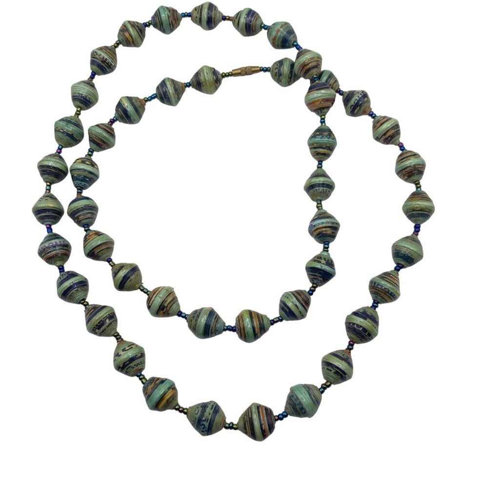 Vintage 34" Paper Glass Bead Necklace Barrel Closure Multicolor Striped Design - Picture 2 of 9